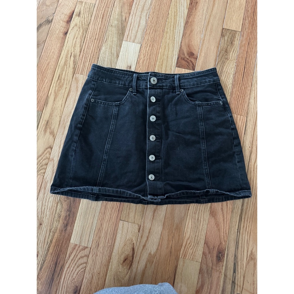 American Eagle Black Denim Mini Skirt Button Front A-Line Size 6